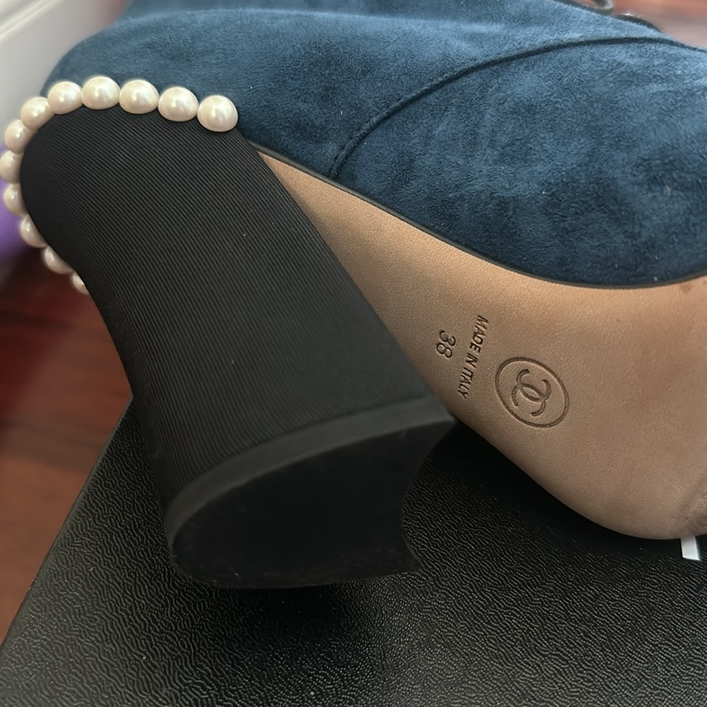 Chanel shoes women lace up navy pearls 38 suede leather heel blue black - Picture 5 of 10